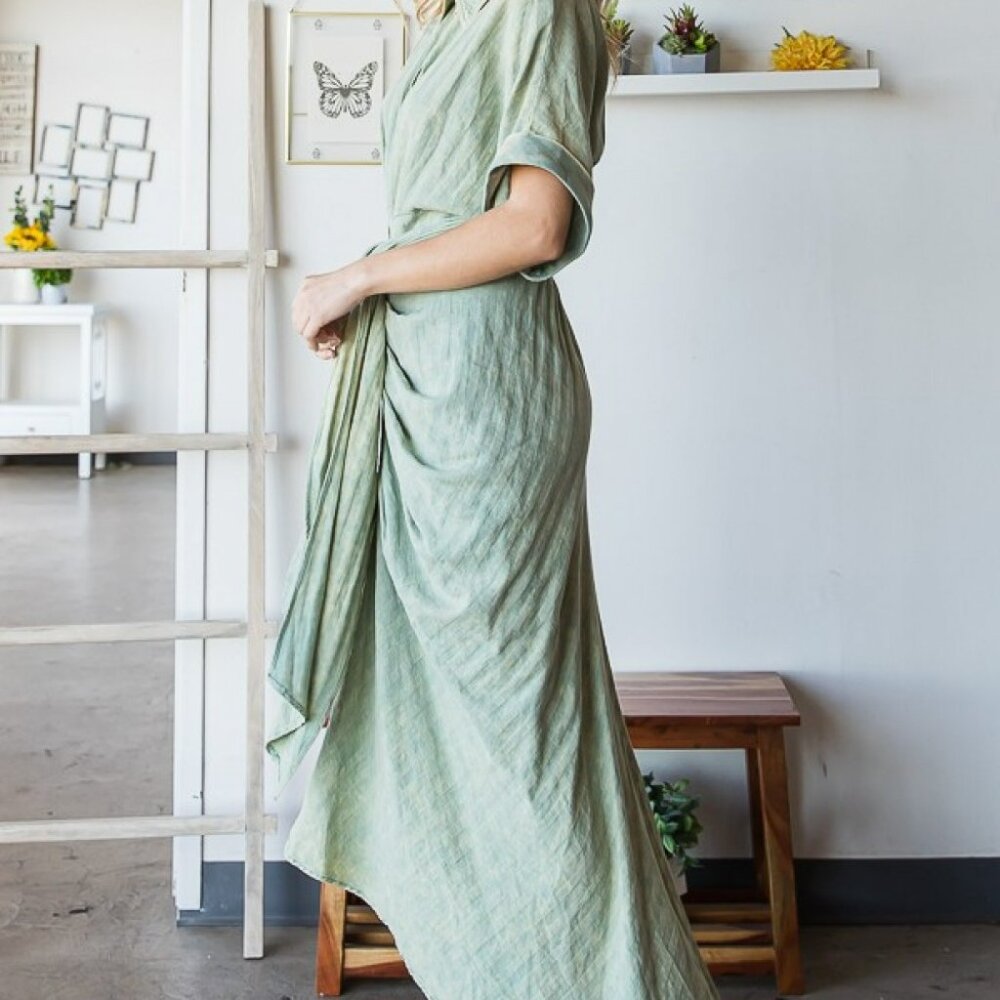 Oli & Hali Sage Green Button-Front Midi Dress with Tie Waist - Picture 3 of 3